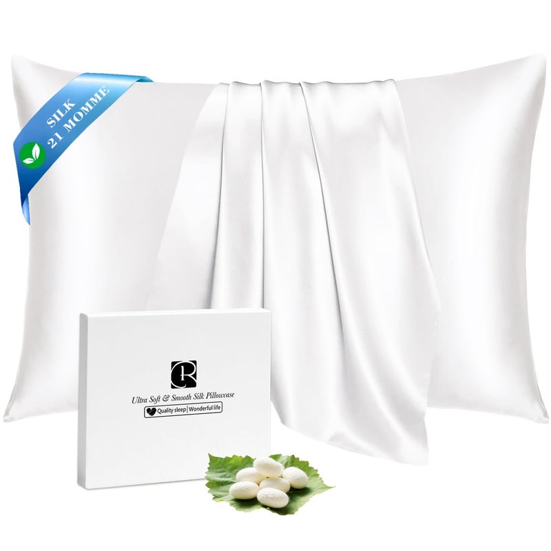 Ravmix Silk Pillow Cases with Zipper, 21 Momme Mulberry Silk Pillowcase for Hair Skin Health, Soft Smooth Breathable Cool Pillow Cover for Beauty Sleep with Gift Box(Queen 20"x30", Ivory White) 1PC - Image 1